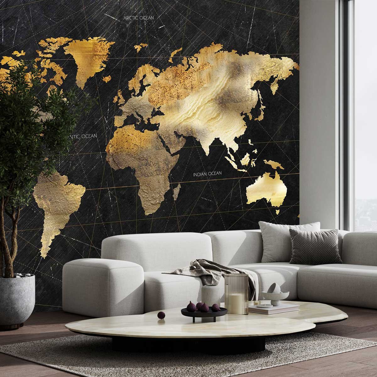 Papier peint carte du monde effet bois intissé, HEXOA