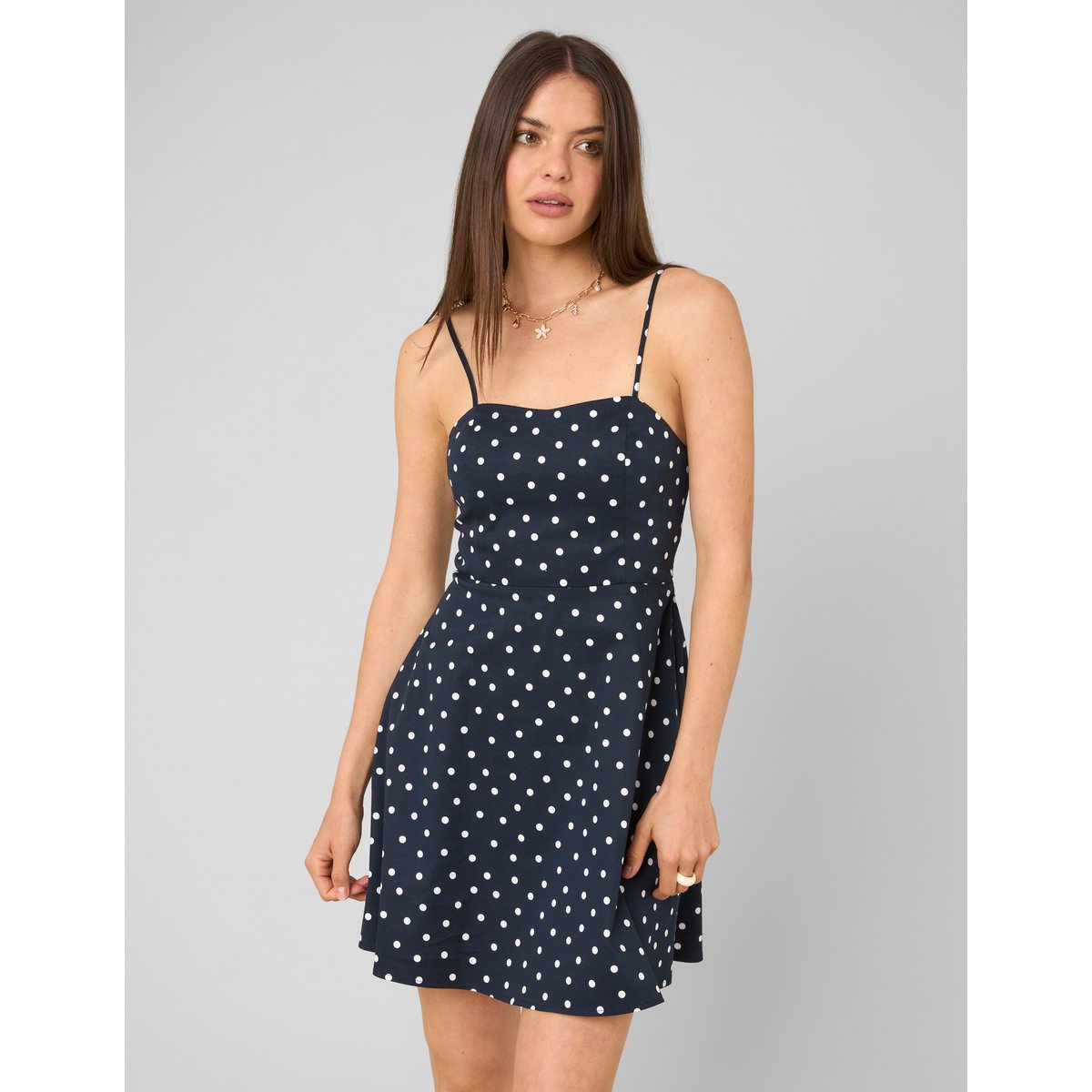 Robe à bretelles pois bleu foncé, BZB