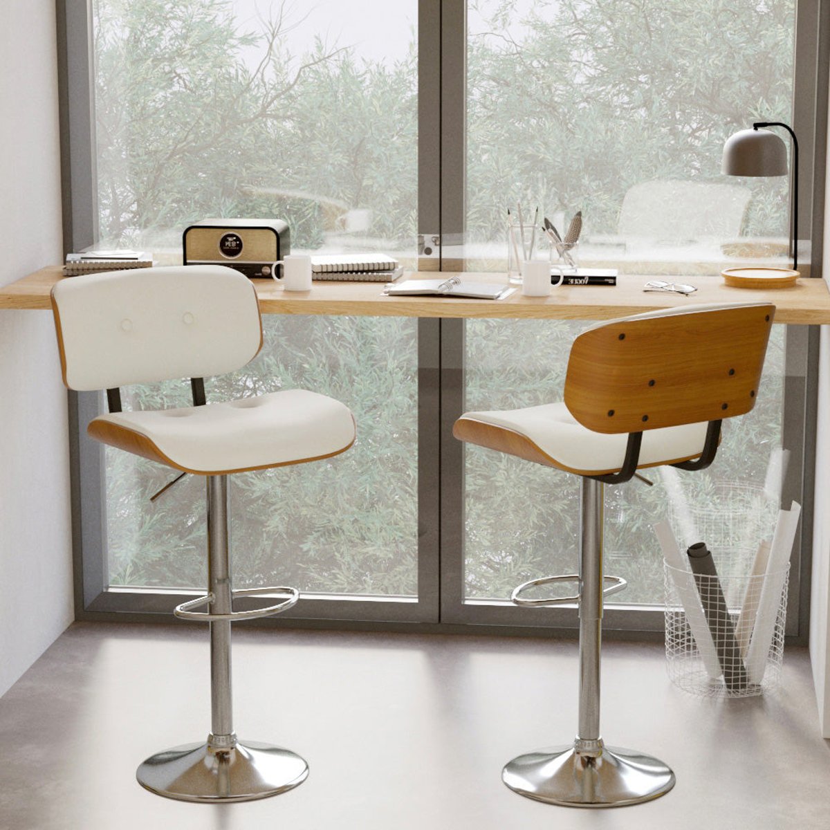 Chaise de bar réglable 65/86 cm en cuir synthétique - MELCHIOR blanc pied chrome, MAISON PAVANE