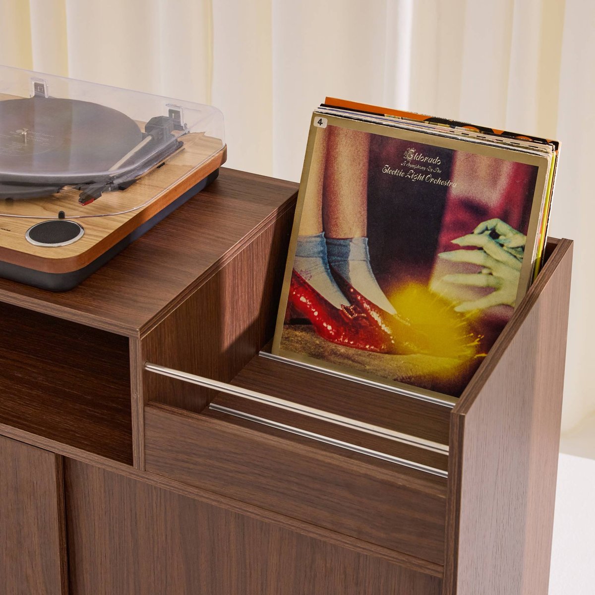 Meuble vinyle vintage décor bois et acier inoxydable 100cm SHELBY noyer, SWEEEK