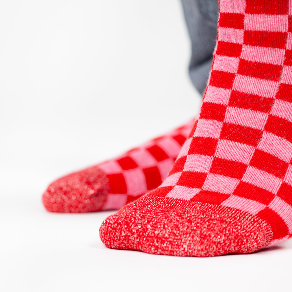 Chaussettes en coton peigné CARREAUX rouge et rose, BILLYBELT