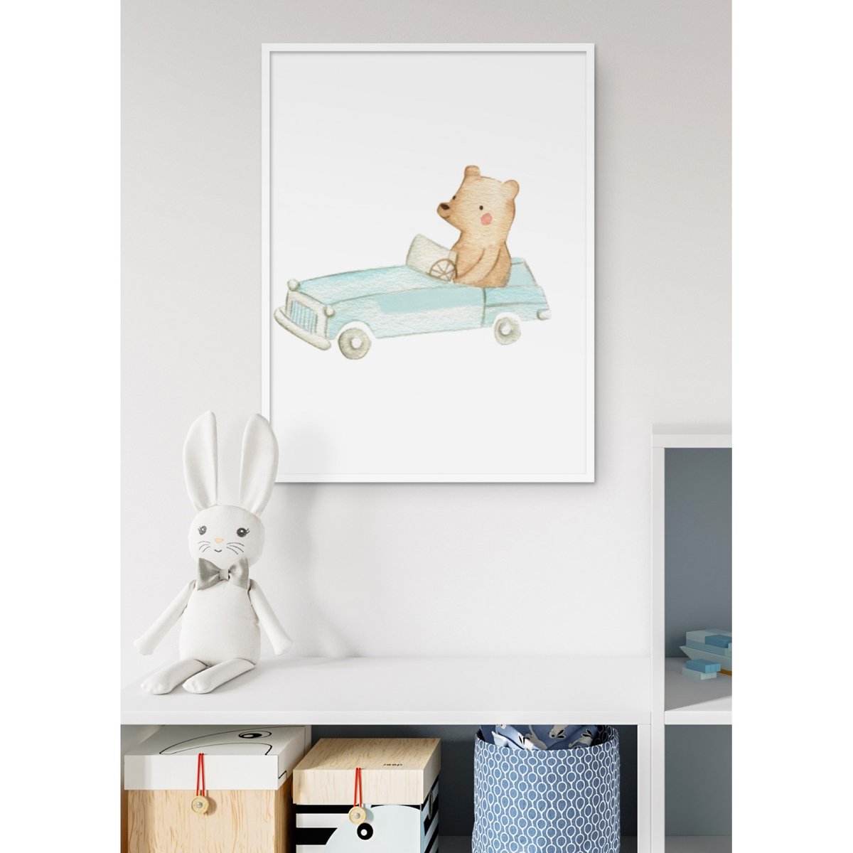 Affiche Enfant Ours Voiture blanc, L'AFFICHERIE