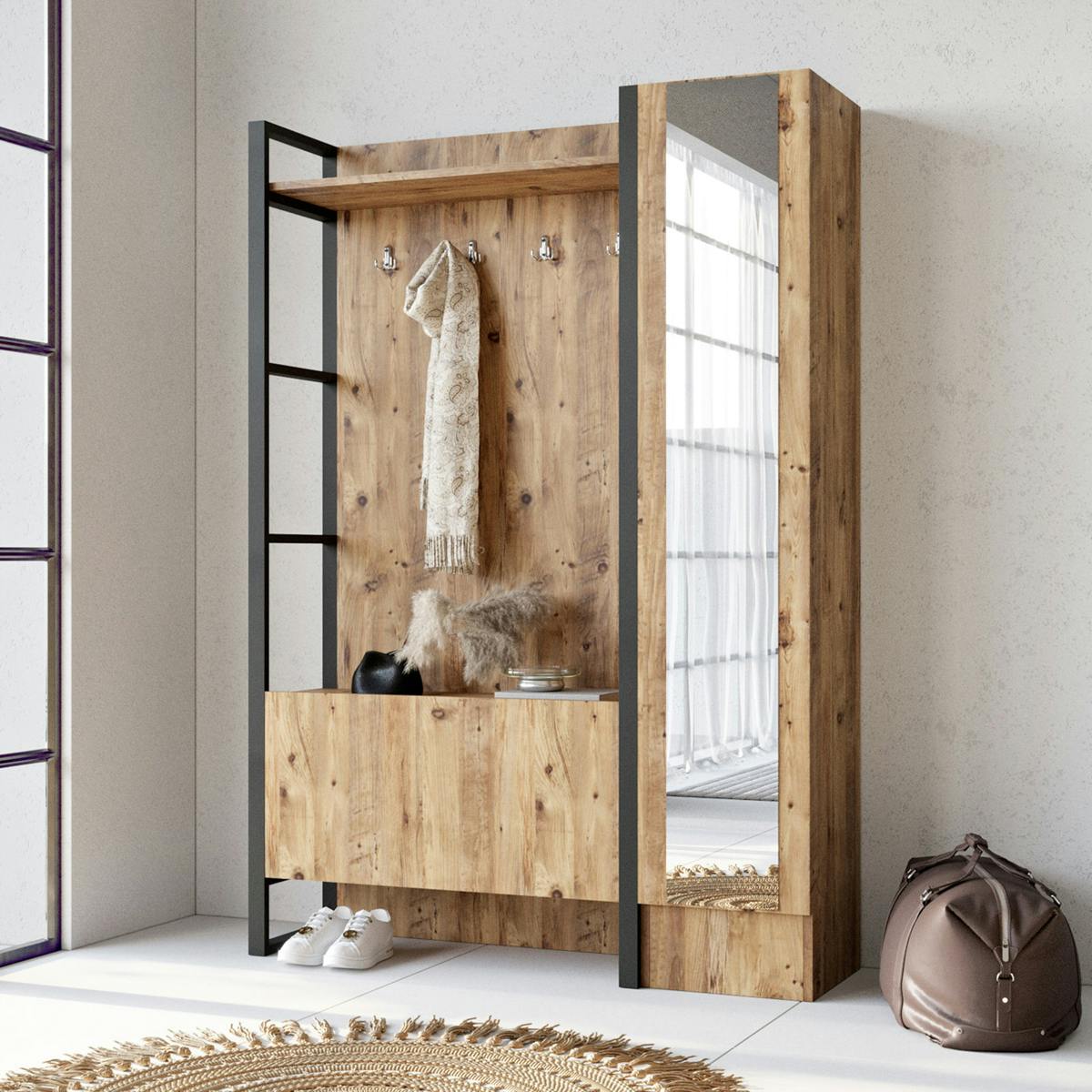Grand vestiaire d'entrée rustique chic 1 miroir 2 portes MARFA bois naturel, PIER IMPORT