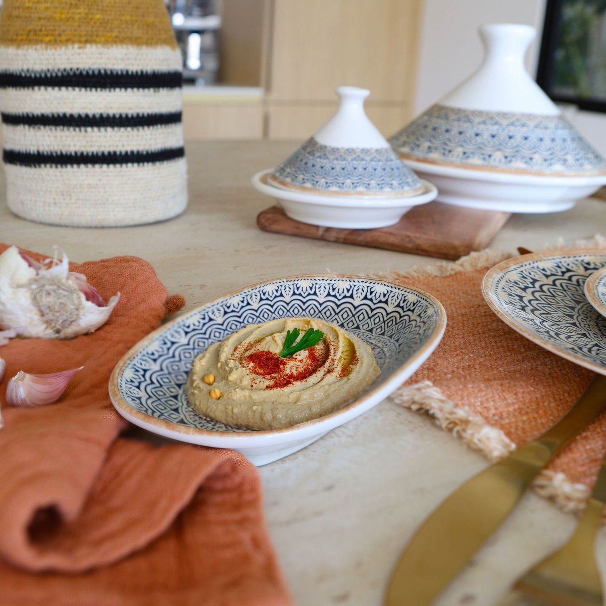 Lot de 6 assiettes ovales en porcelaine, BYZANCE blanc-bleu-marron, NOVASTYL