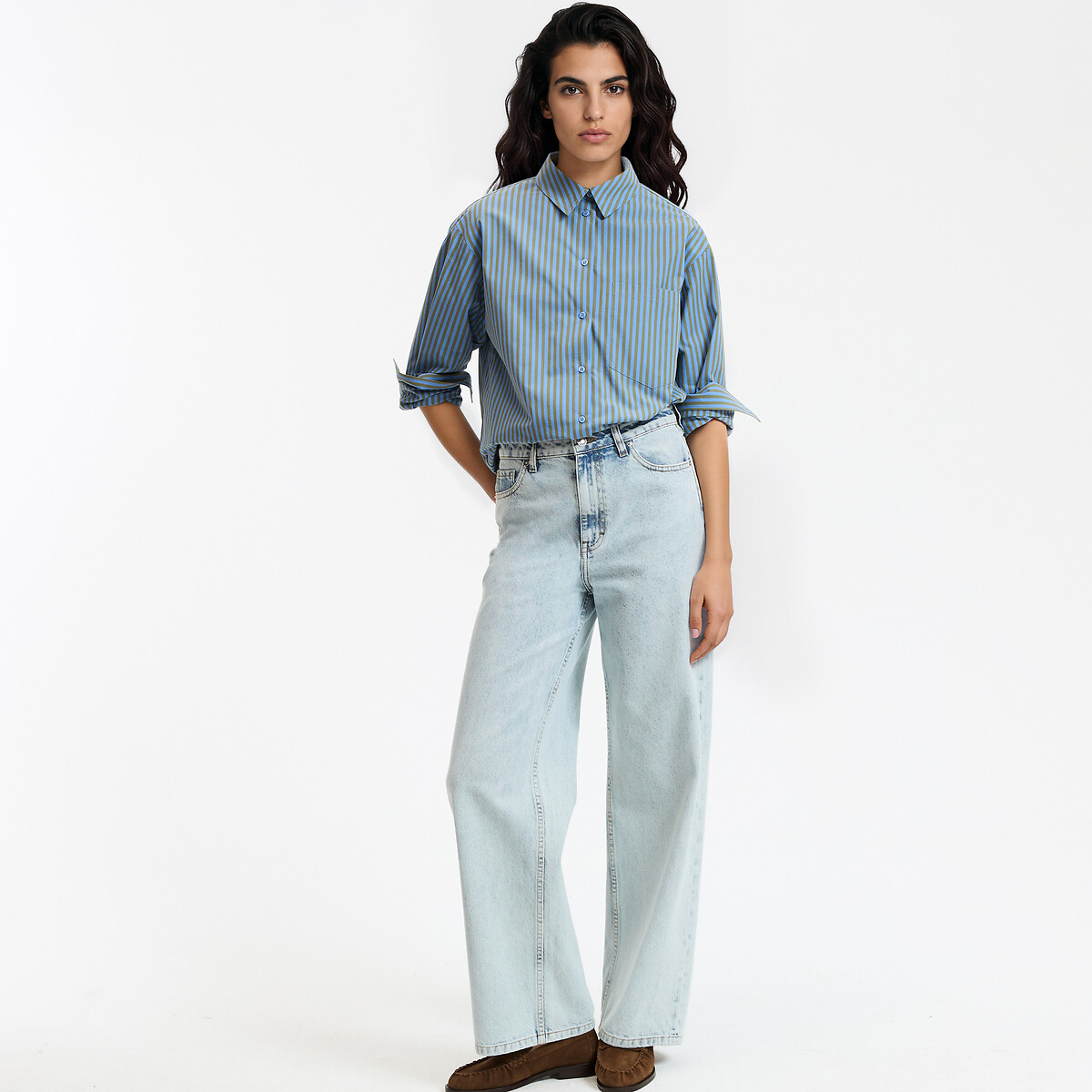 Camisa de algodón a rayas, Signature MARLÈNE rayas azul verde, LA REDOUTE COLLECTIONS