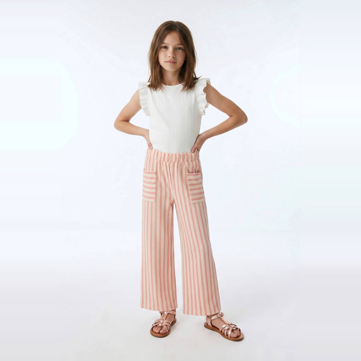 Pantalon large rayé en coton shrimp, MONOPRIX