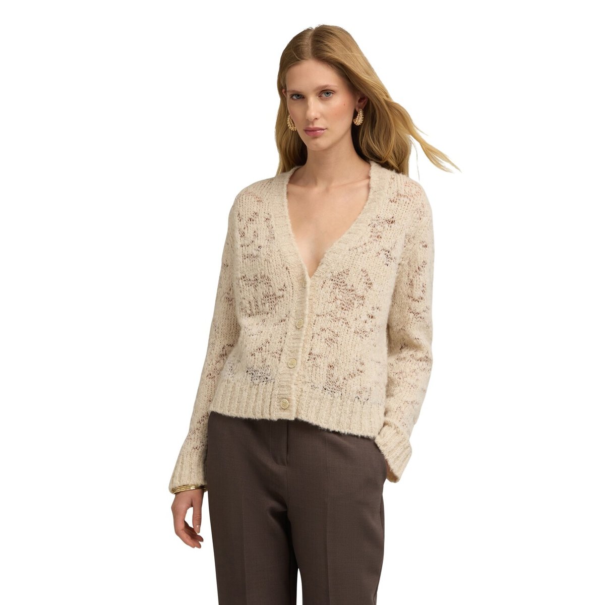 Cardigan avec travail ajouré beige, MOTIVI