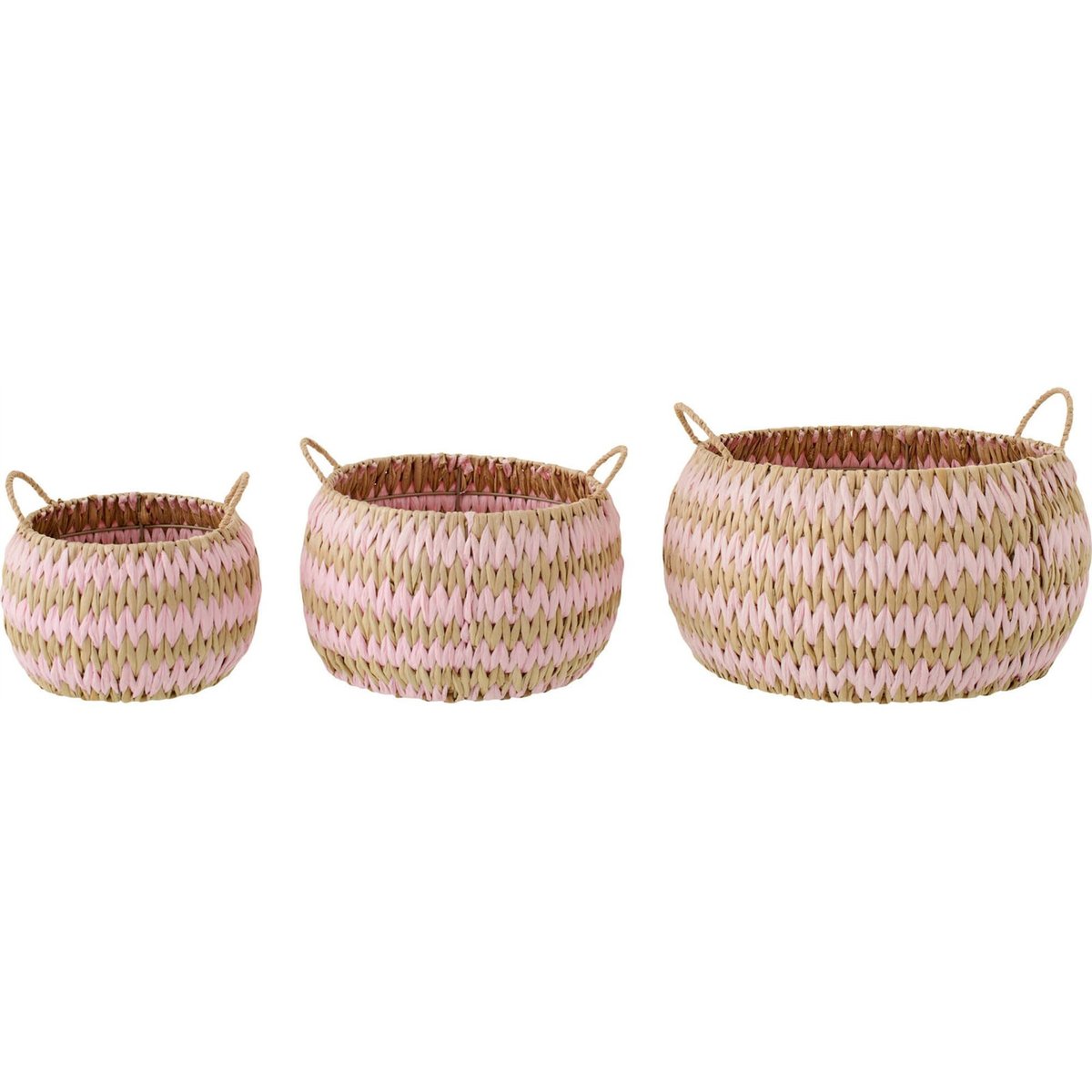 Set de 3 paniers tressés avec anses naturel et rose clair, RECOLLECTION