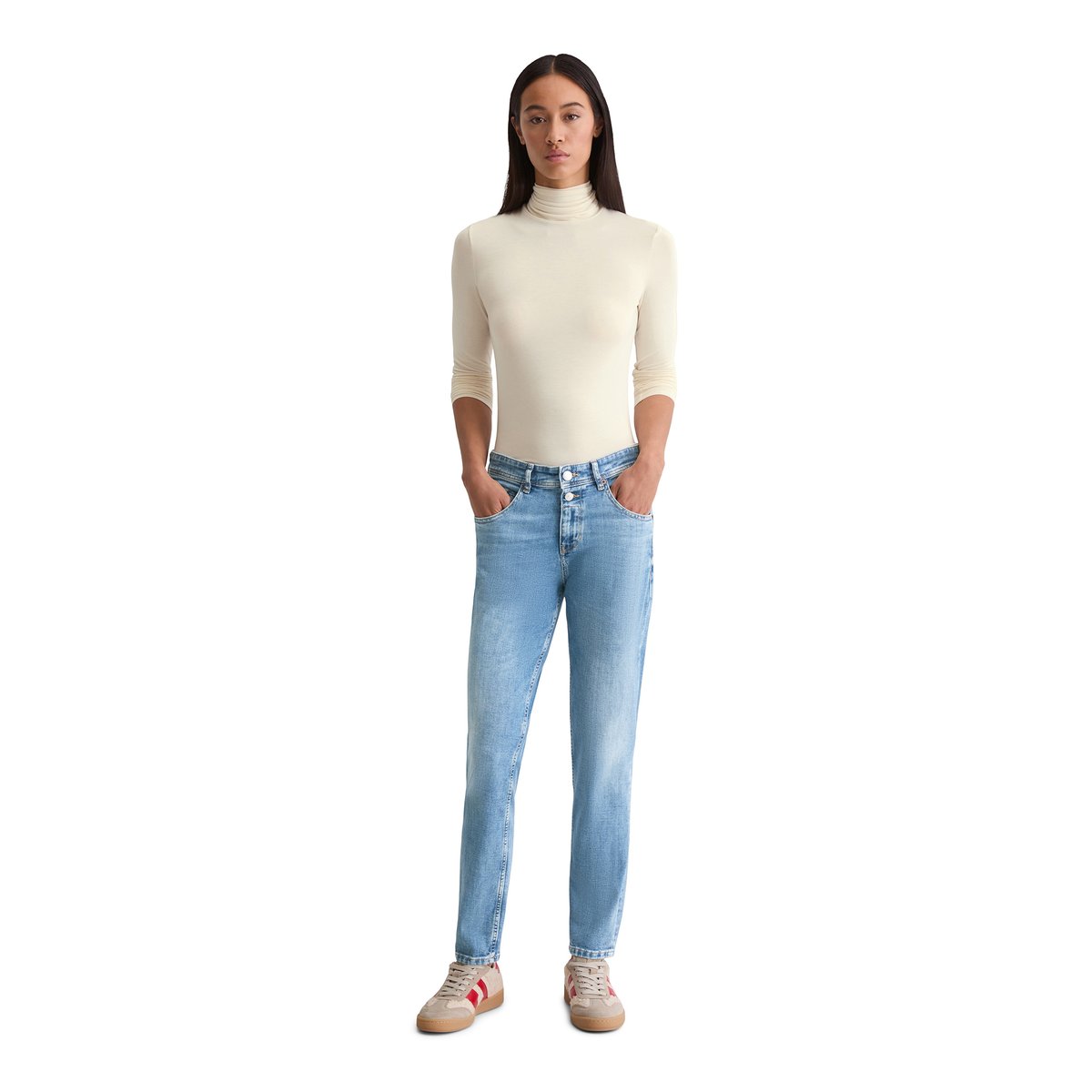 Jeans modèle Theda boyfriend cropped avec deux boutons bleu moyen, MARC O'POLO