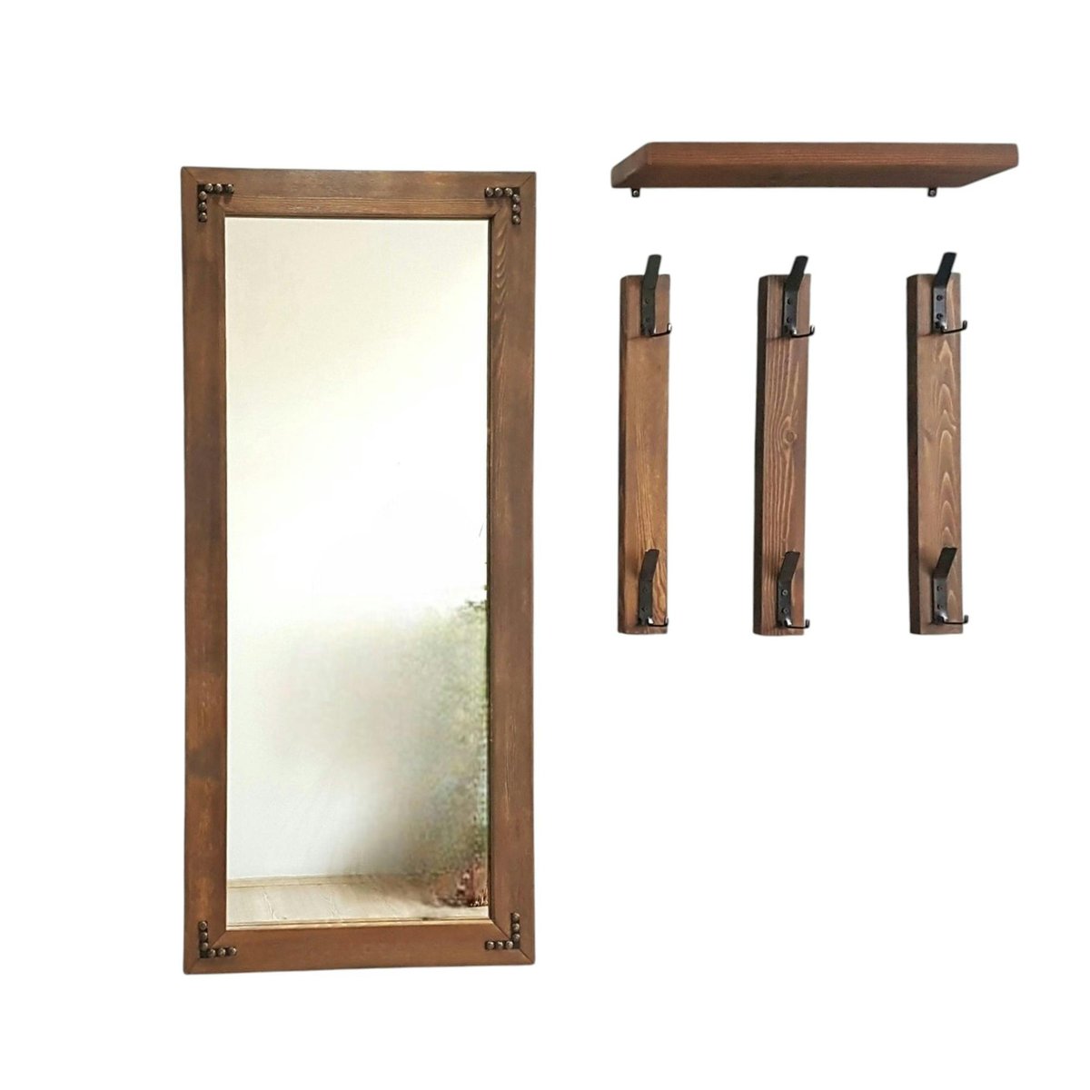 Vestiaire mural - 1 miroir, 3 portemanteaux, 1 étagère HILO bois naturel, PIER IMPORT