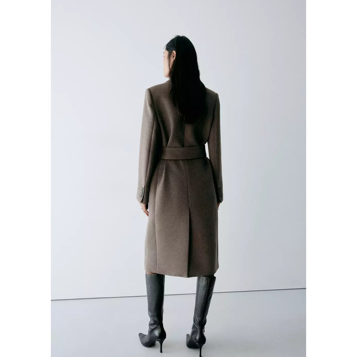 Manteau laine ceinture marron moyen, MANGO
