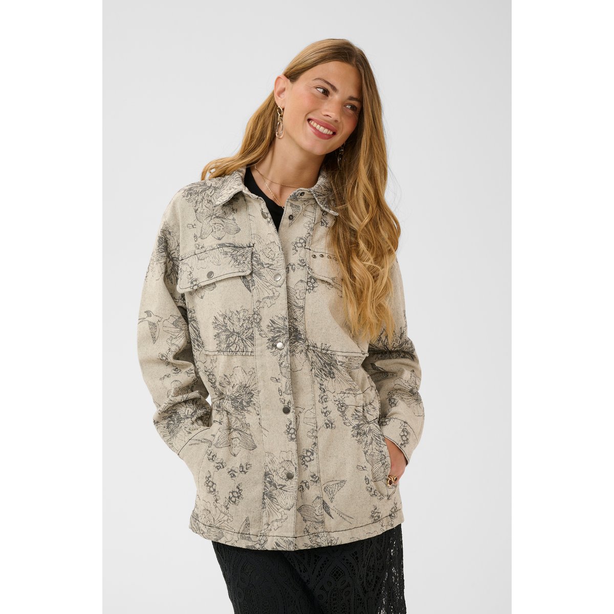 Veste beige ecru flower jacquard, CREAM