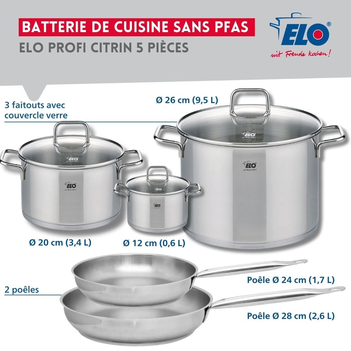 Batterie 2 poêles 24/28cm + 3 faitouts 12/20/26cm PROFI CITRIN gris, ELO
