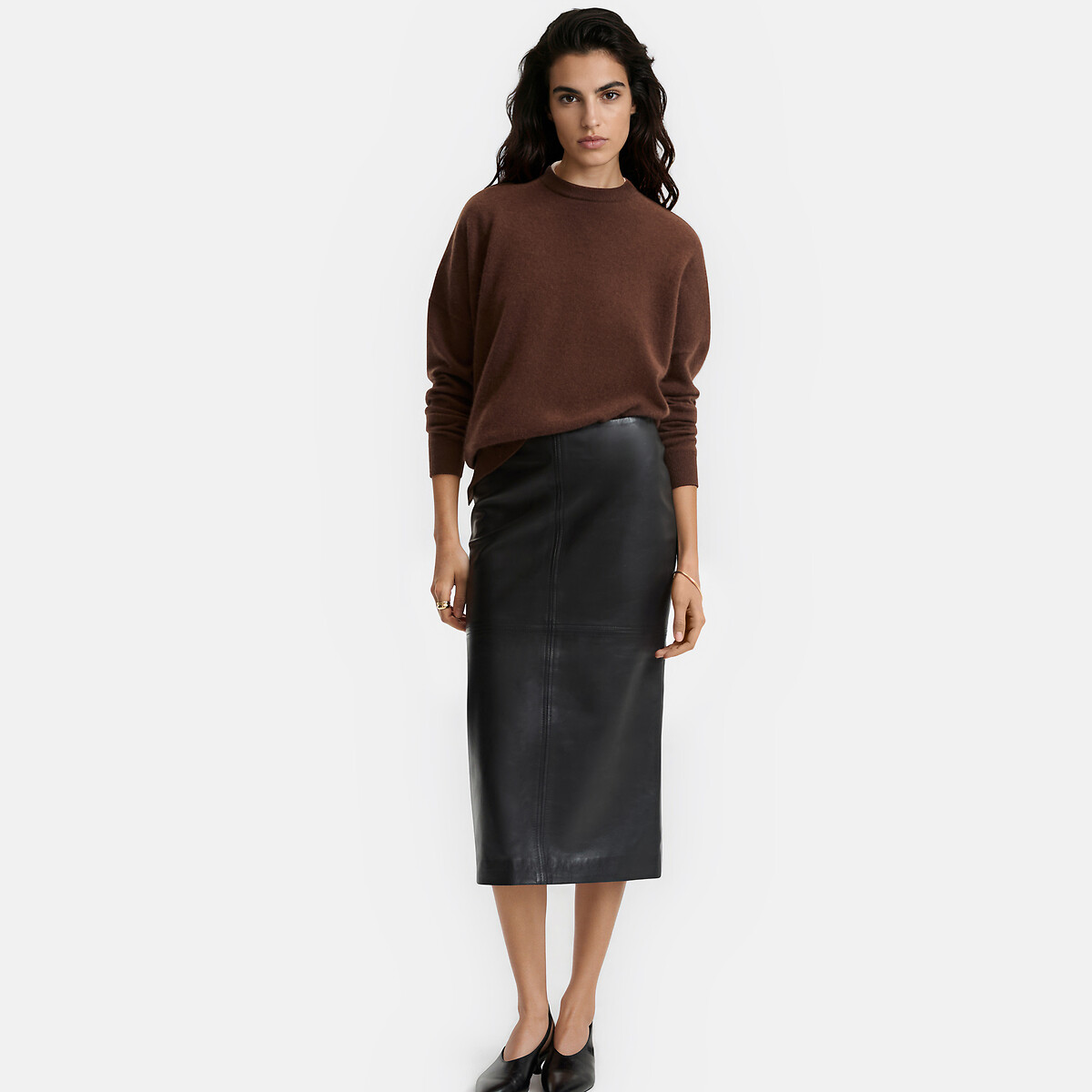 Jupe crayon en cuir de mouton, longueur midi noir, LA REDOUTE COLLECTIONS