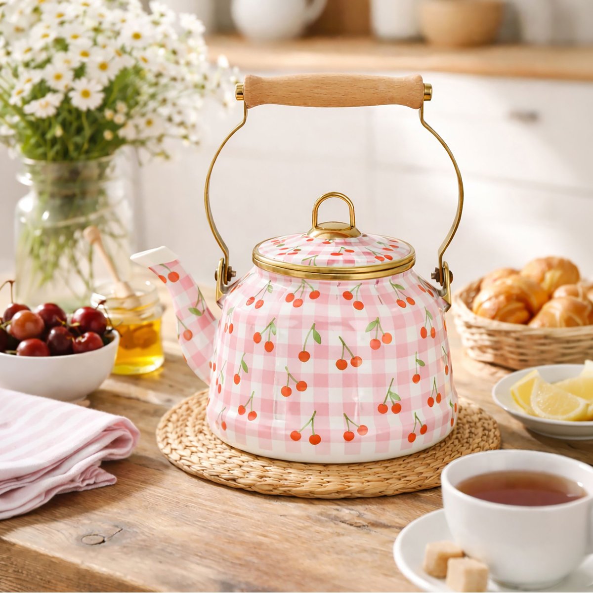Bouilloire 2,5L en acier émaillé, VICHY CERISE rose, MENASTYL