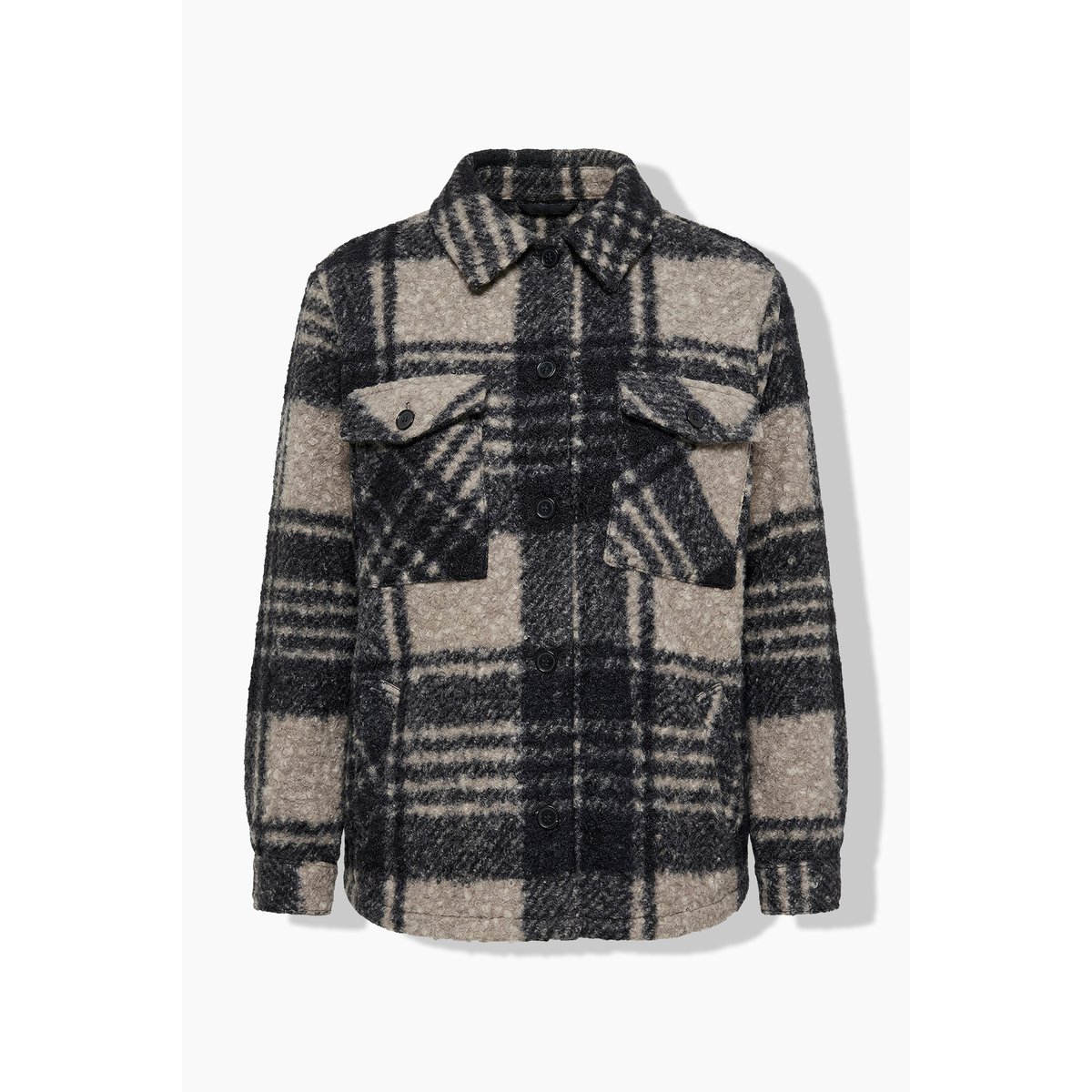 Shacket en polaire bouclée, motif à carreaux beige foncé, ULLA POPKEN