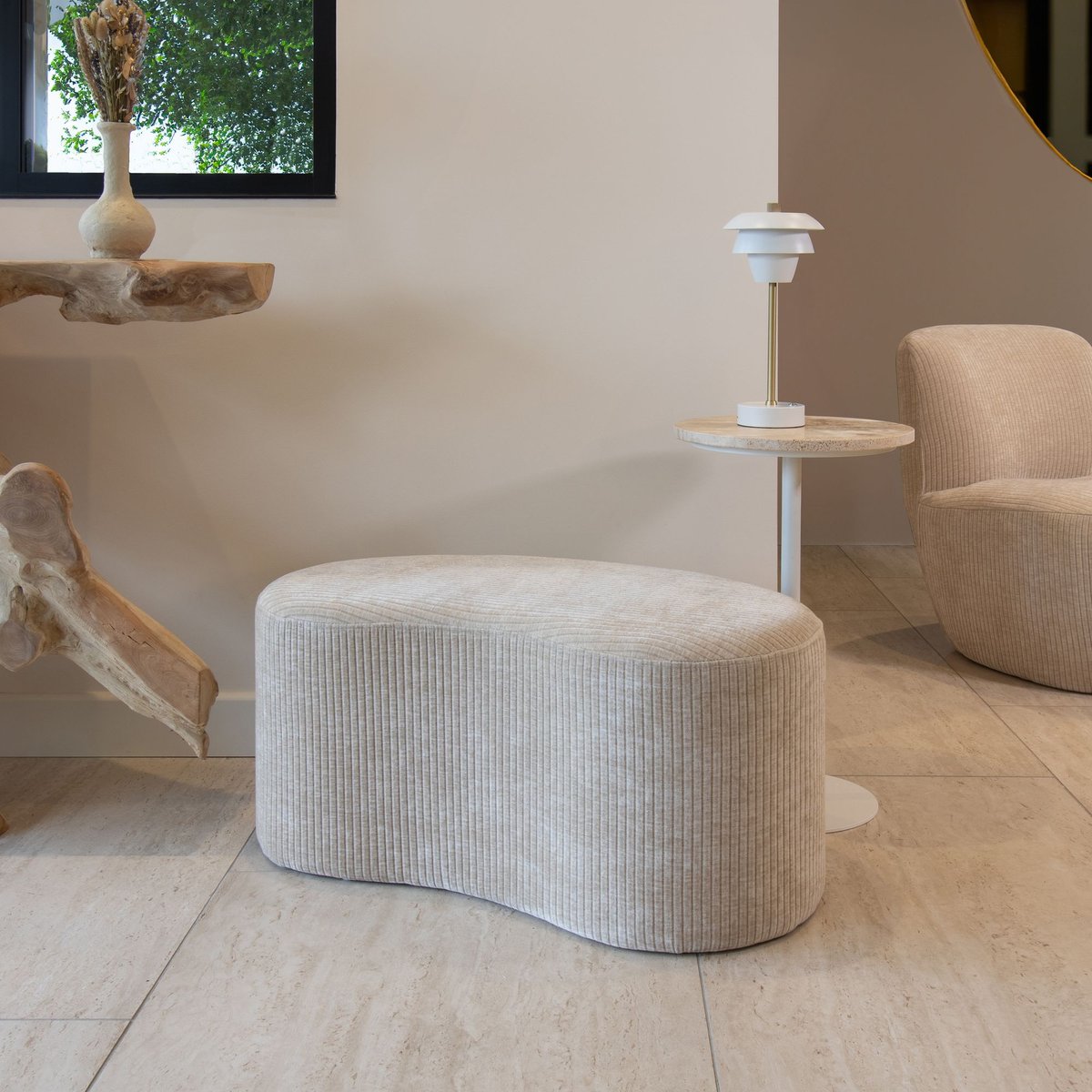Banc en tissu bouclette et structure en bois, COME beige, NOW'S HOME