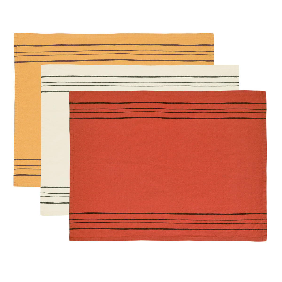 Lot de 3 torchons coton/lin à rayures SOFT LINEA auburn/caramel/ficelle, SENSEI MAISON