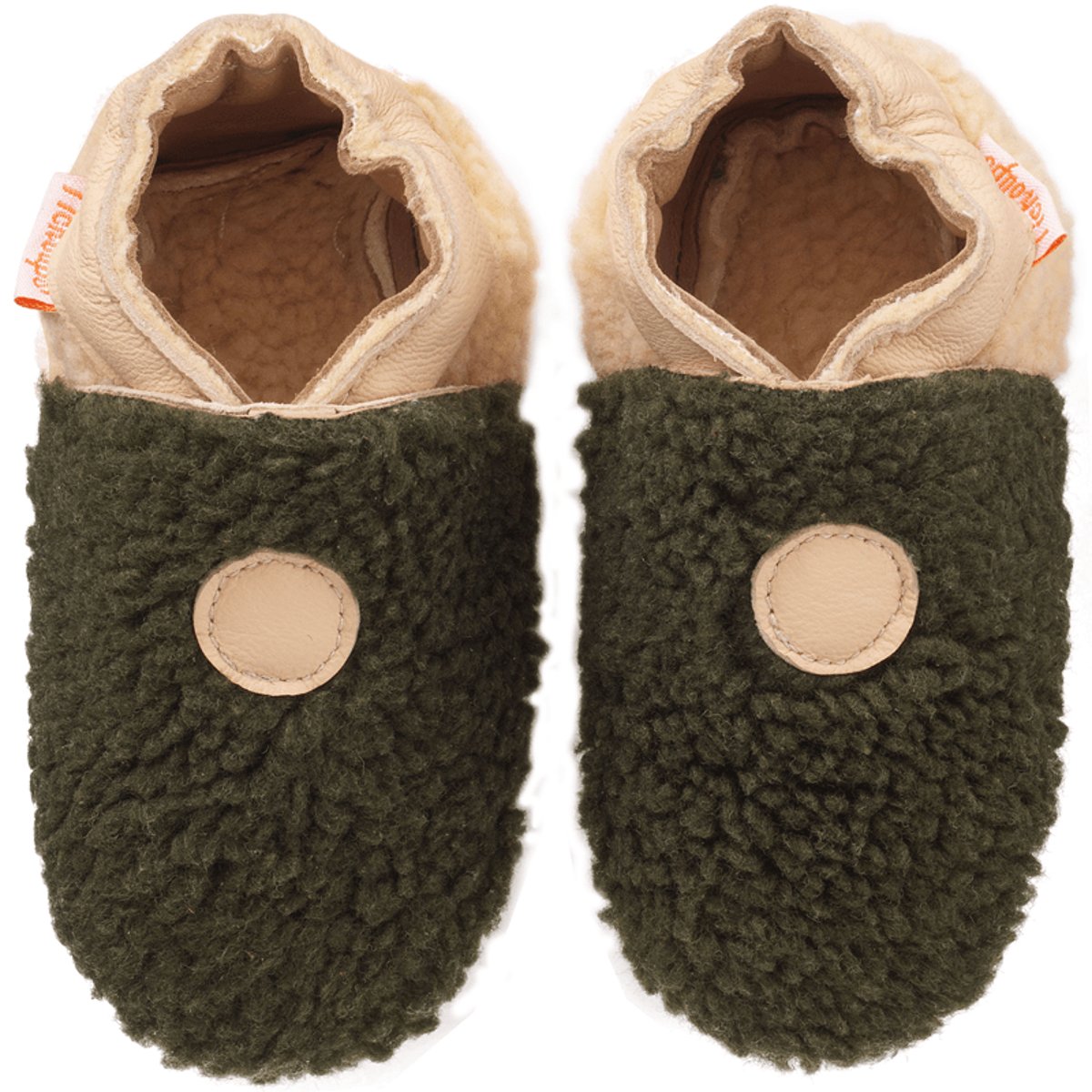 Chaussons bébé cuir souple Bouclettes kaki-beige vert, TICHOUPS