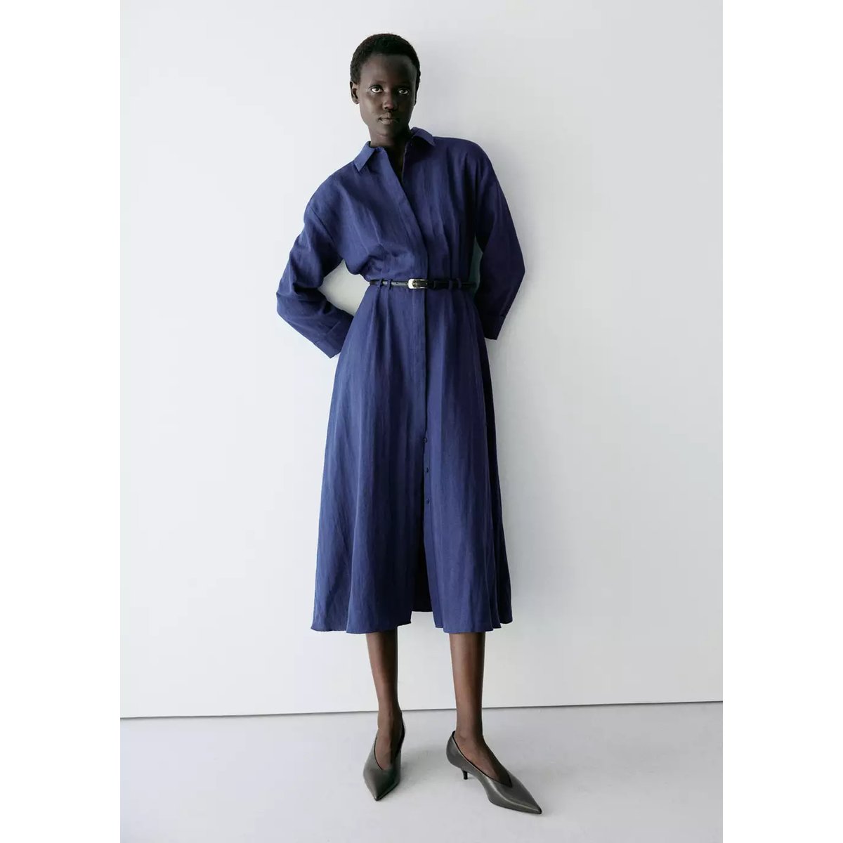 Robe chemise Lyocell bleu marine, MANGO