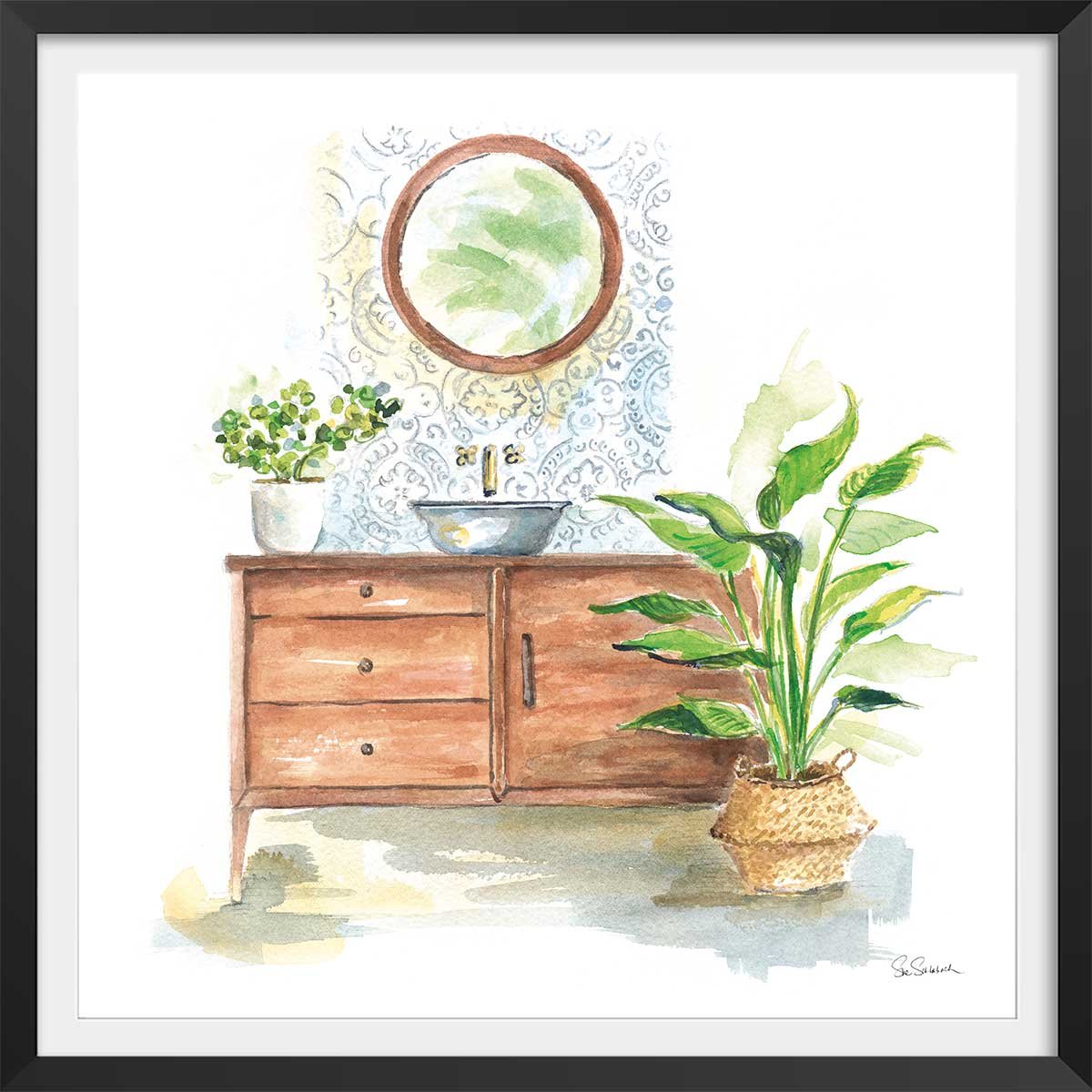 Affiche Greenery Bath affiche + cadre en bois - noir, HEXOA