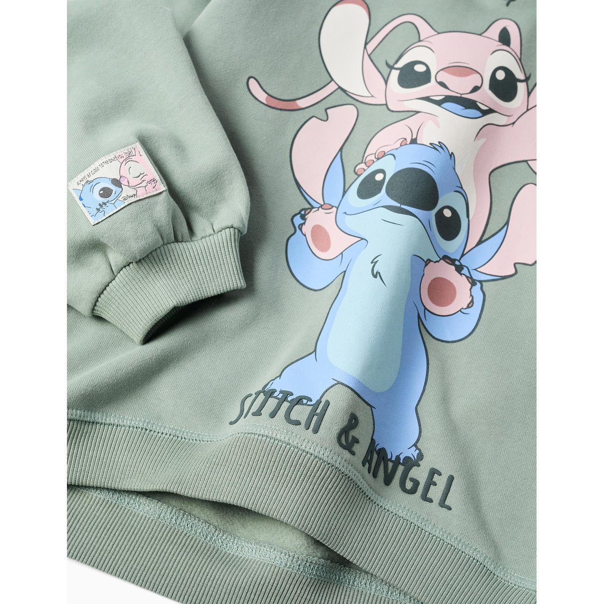 Sweat en coton peigné à capuche et imprimé Stitch & Angel vert, ZIPPY