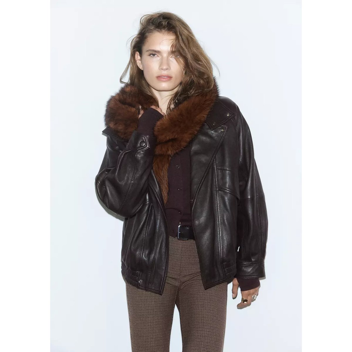 Pantalon ajusté pied-de-poule marron moyen, MANGO