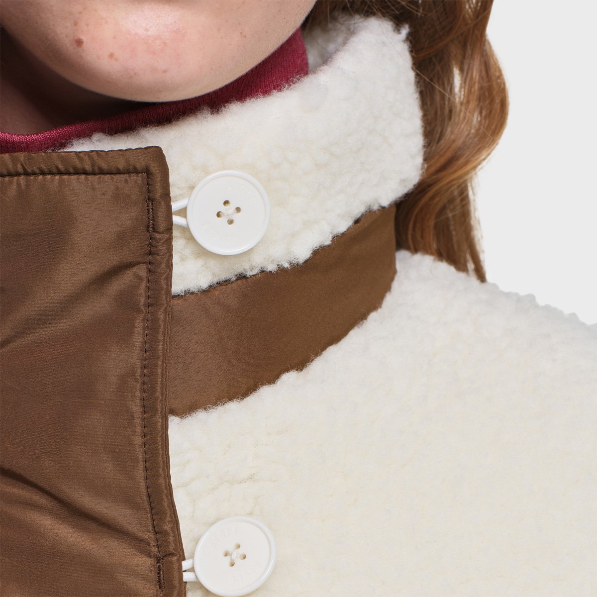 Veste sherpa laine boutonnée col montant détails nylon ivoire, AIGLE