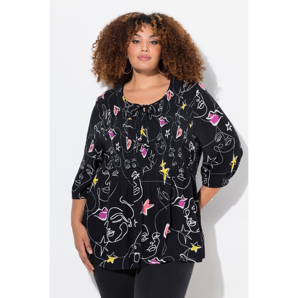 Blouse smockée noir, ULLA POPKEN