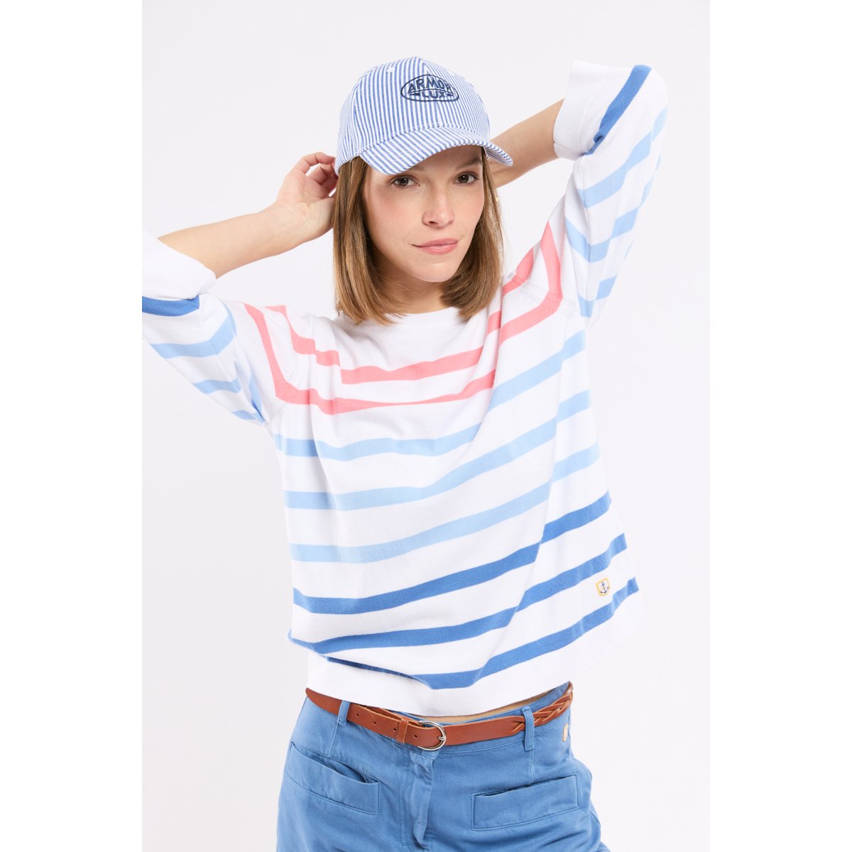 Pull manches 3/4 en coton blc/federalblue/placidblu/, ARMOR-LUX
