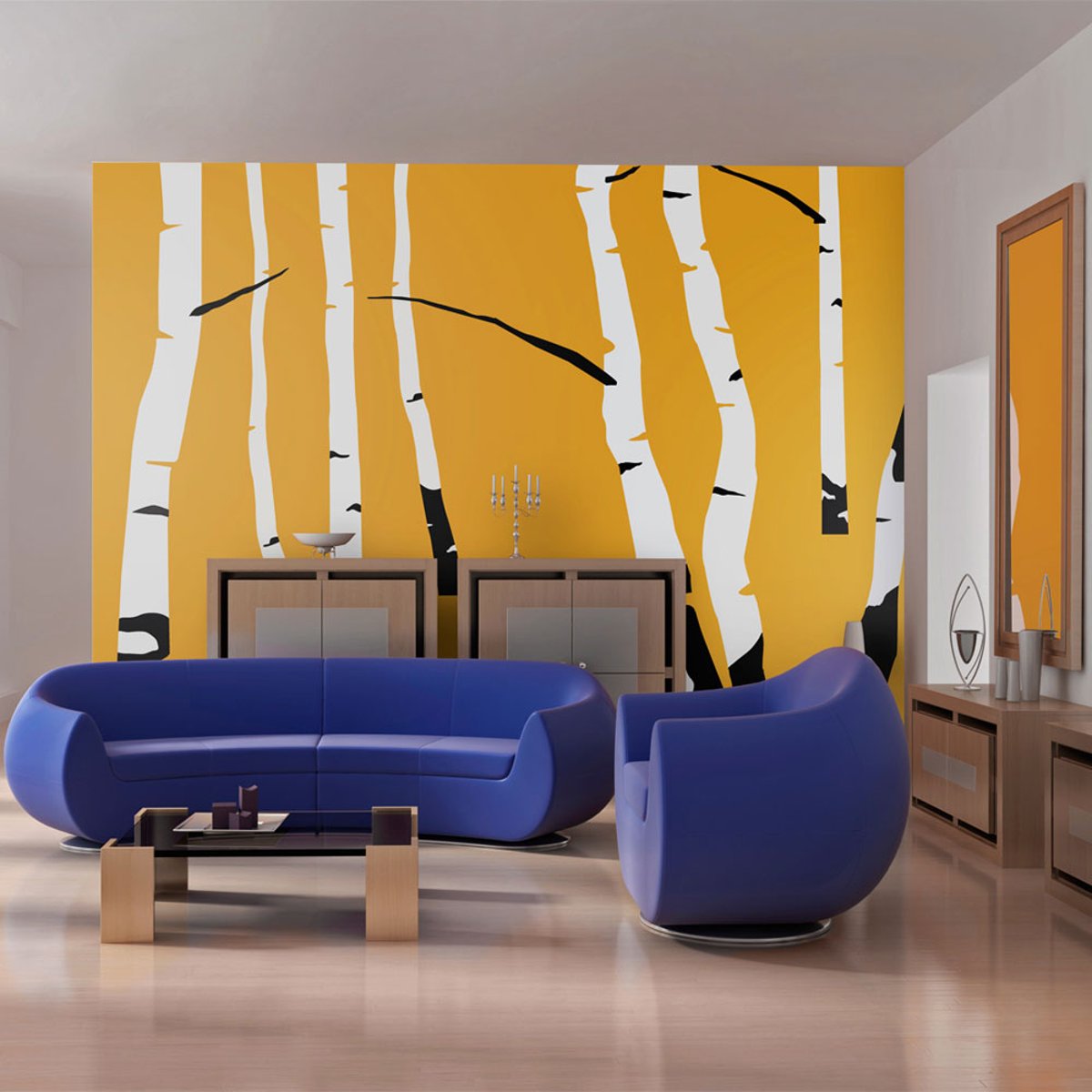 Papier peint intissé panoramique Abstractions Birches on the orange background noir, EDEN
