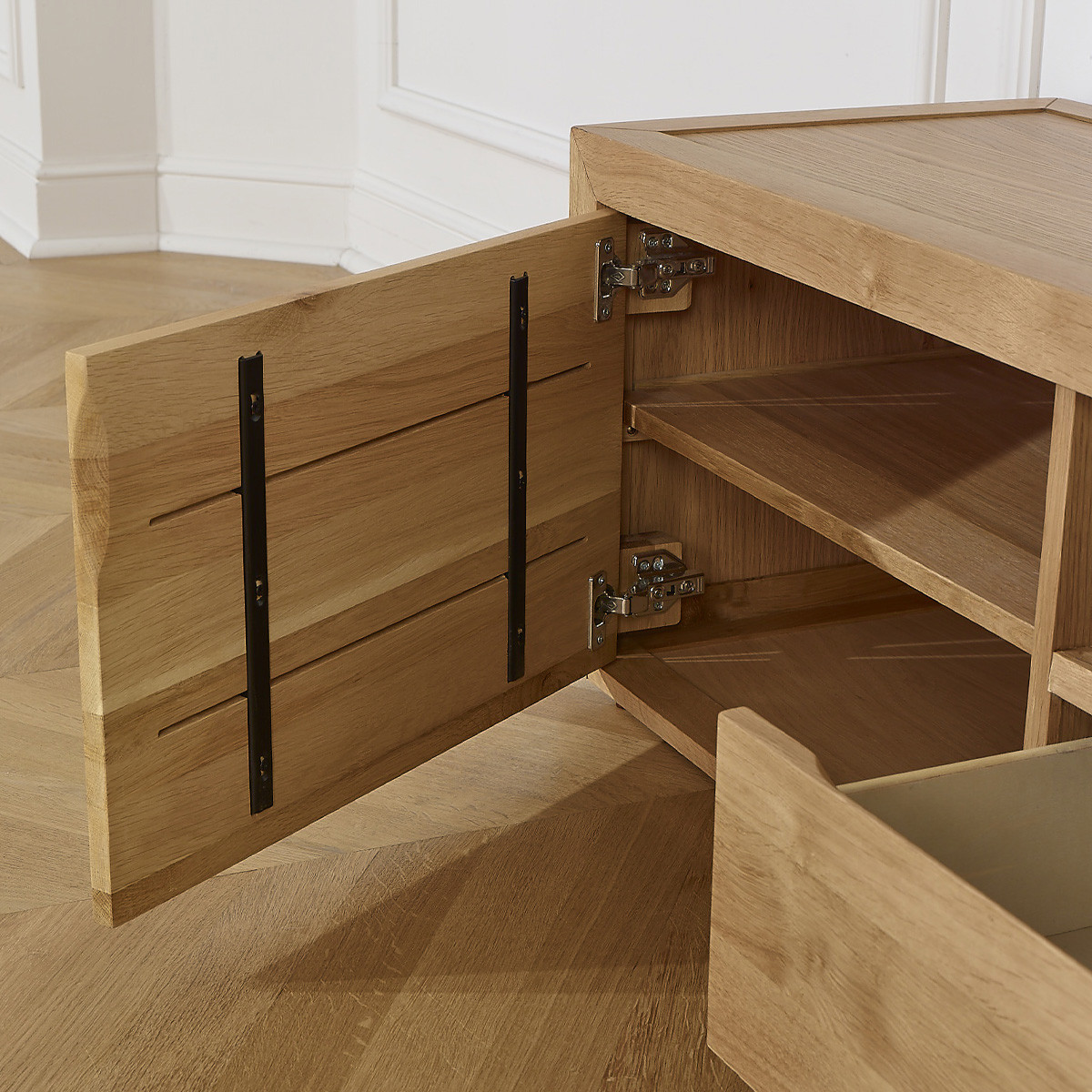 Meuble TV contemporain en chêne, 2 tiroirs, 1 porte CAMILLE beige, ROBIN DES BOIS