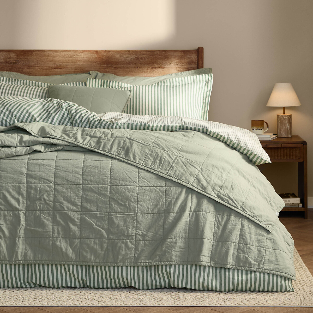 Hebden Quilted 100% Washed Cotton Bedspread- 265x265cm green, YARD