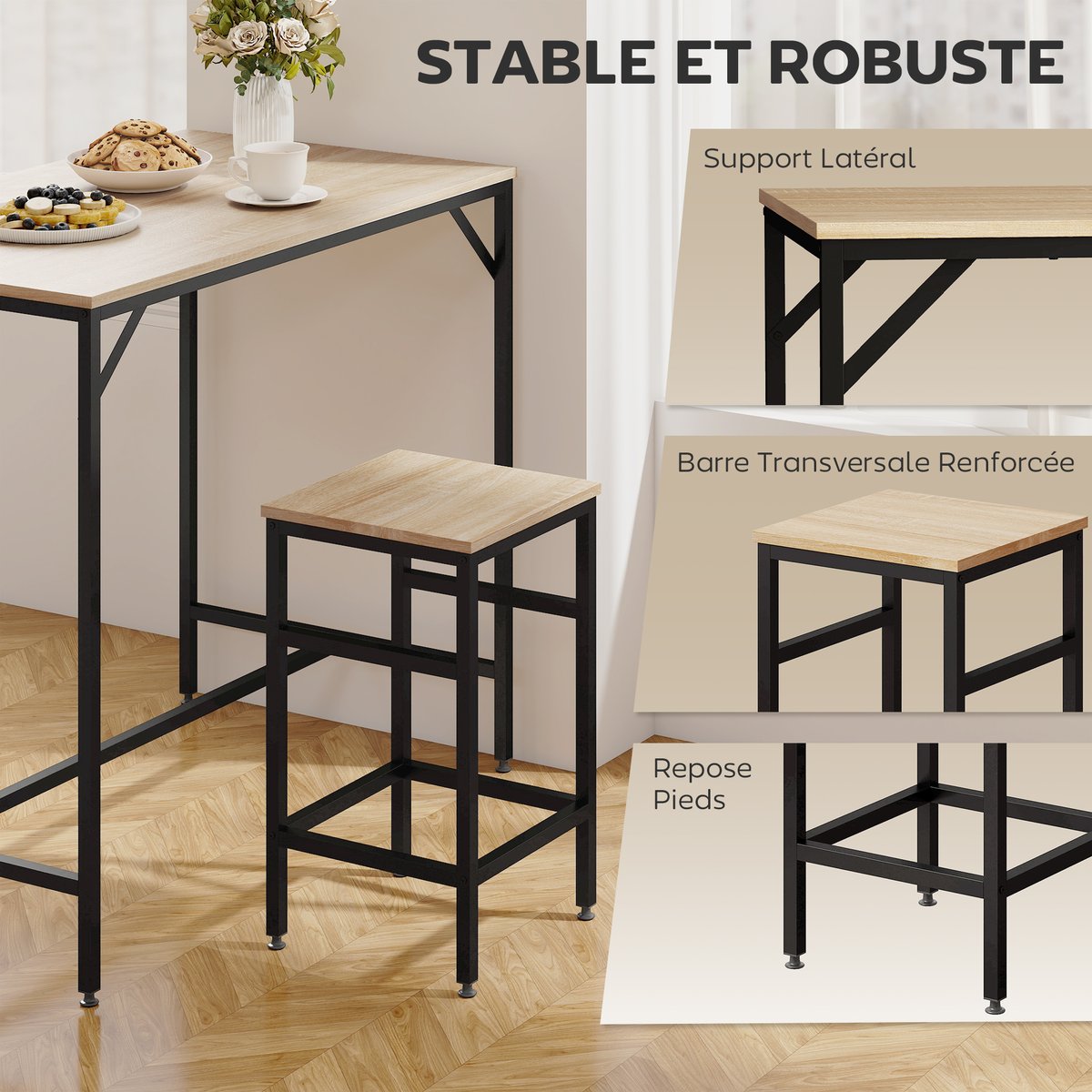 Ensemble de table de bar Métal Beige beige, bois clair, noir, HOMCOM