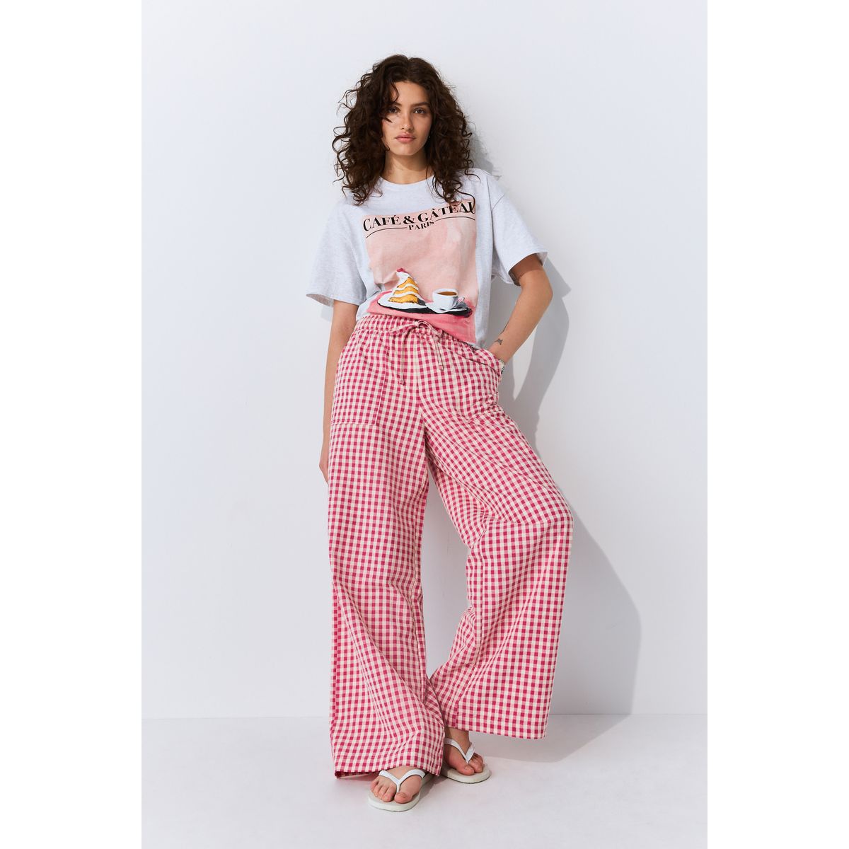 Pantalon large à enfiler en coton vichy rose, NEXT