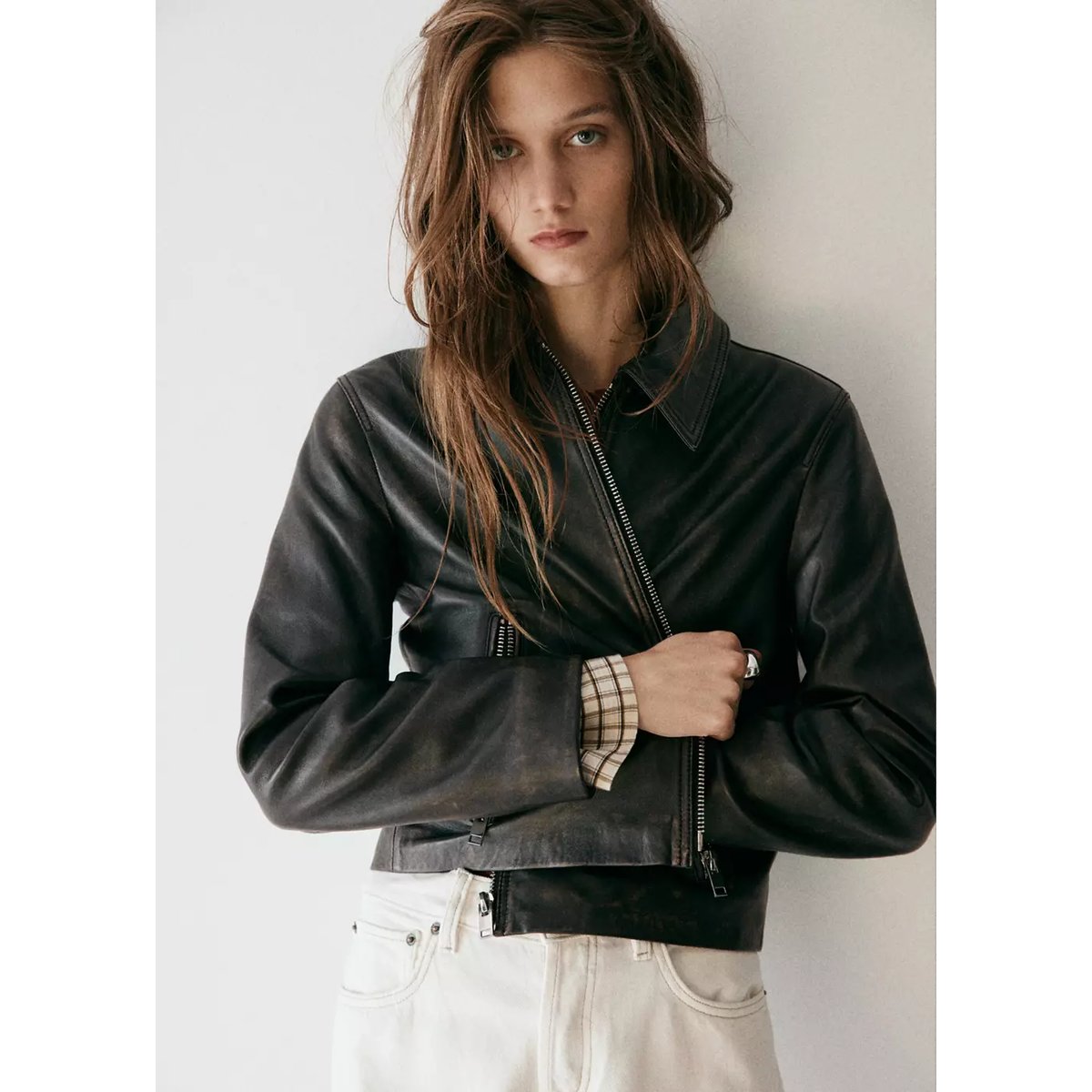 Veste cuir revers marron, MANGO
