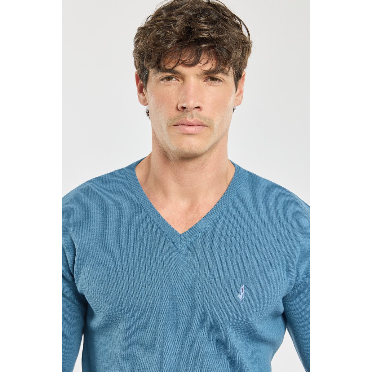 Pull col V Bérac - laine teal, GUY DE BERAC