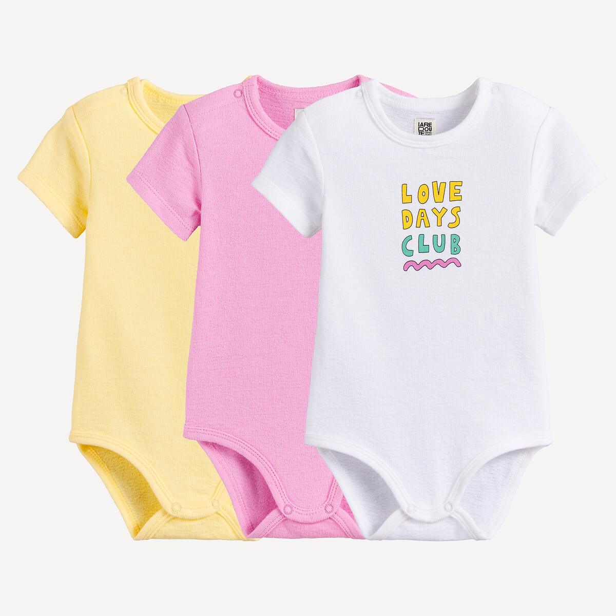 Lot de 3 bodies à manches courtes, en jersey reliéfé blanc/rose/jaune, LA REDOUTE COLLECTIONS