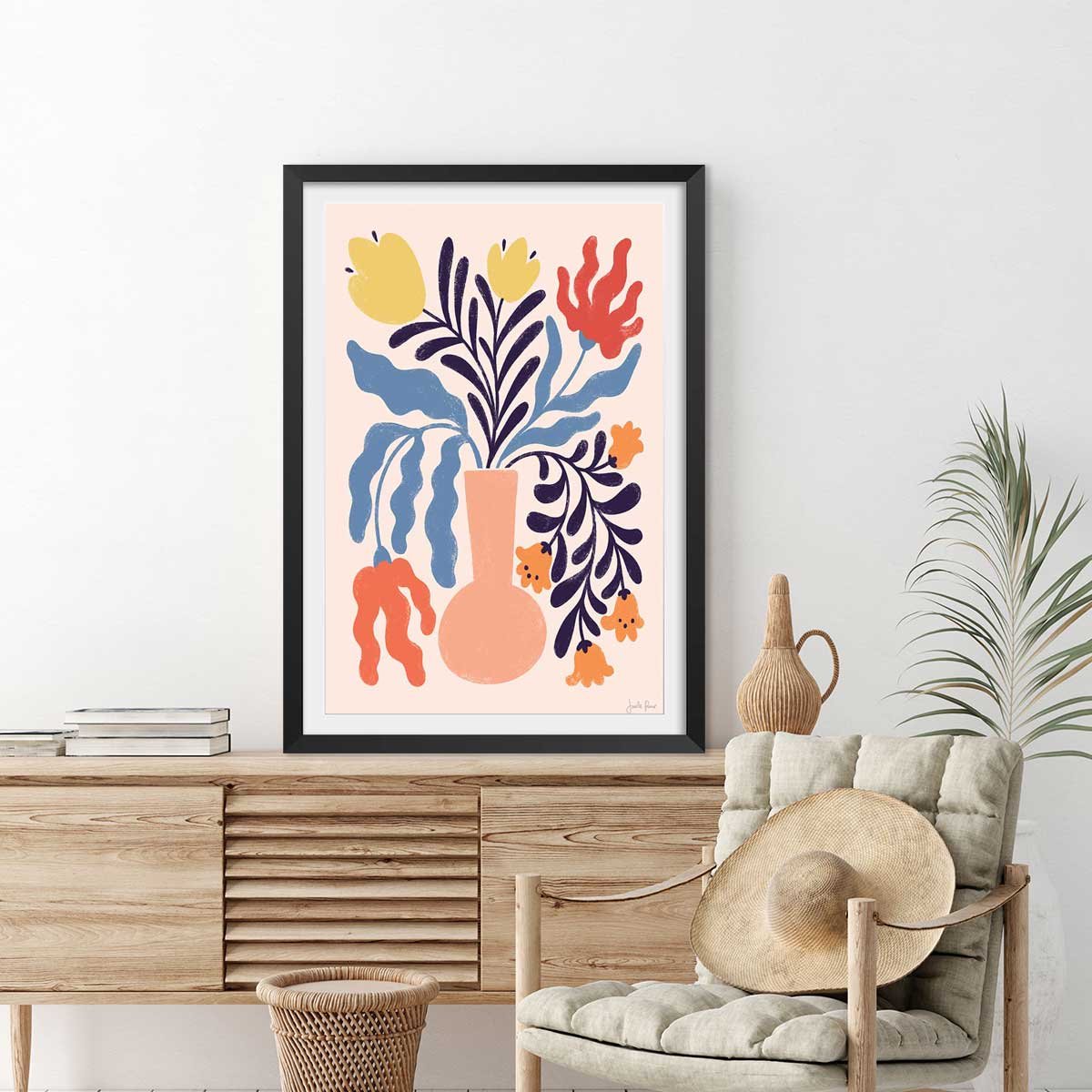 Poster julie fleurs affiche + cadre en bois - noir, HEXOA