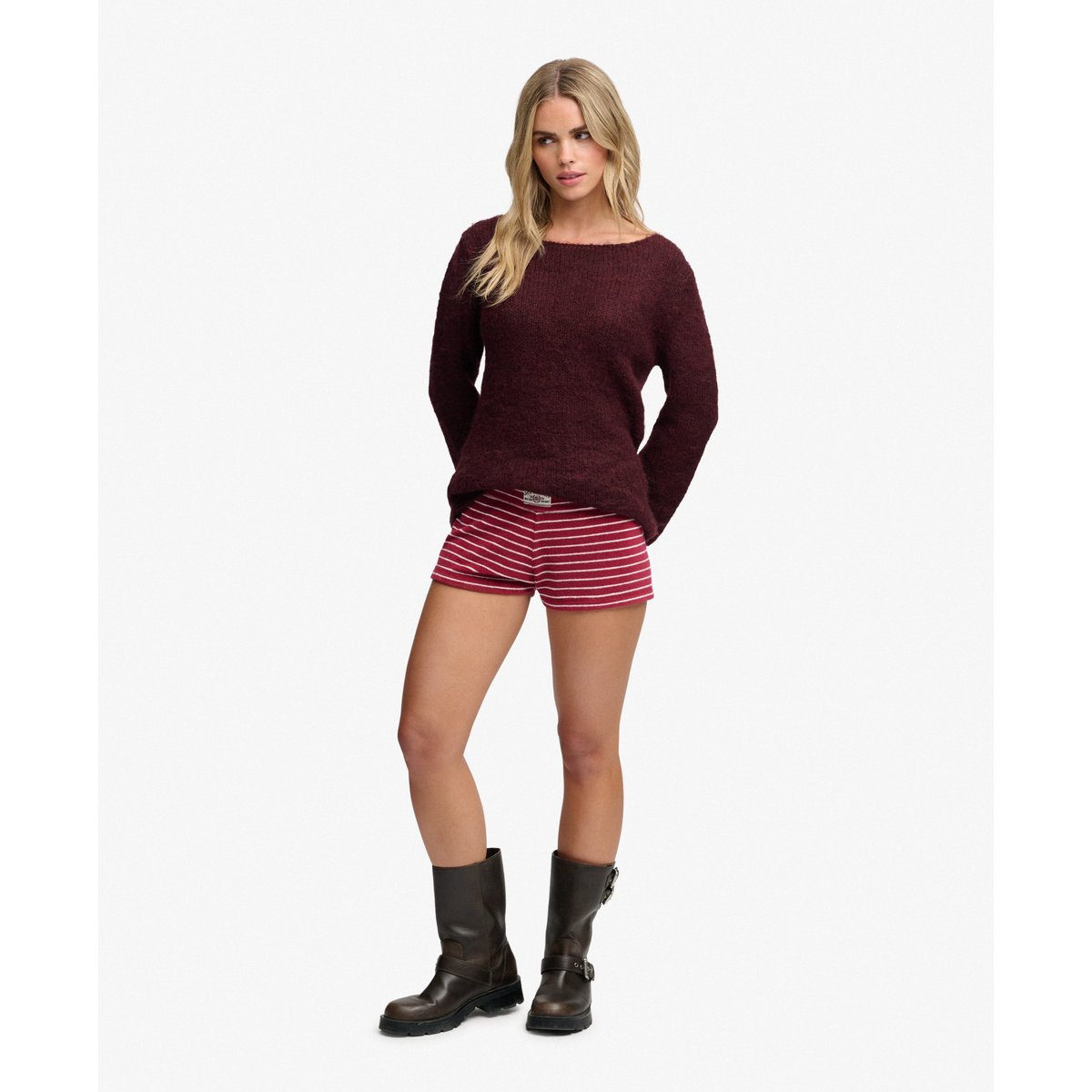 Short en tissu éponge à revers Athletic Essentials rayé rouge porto, SUPERDRY