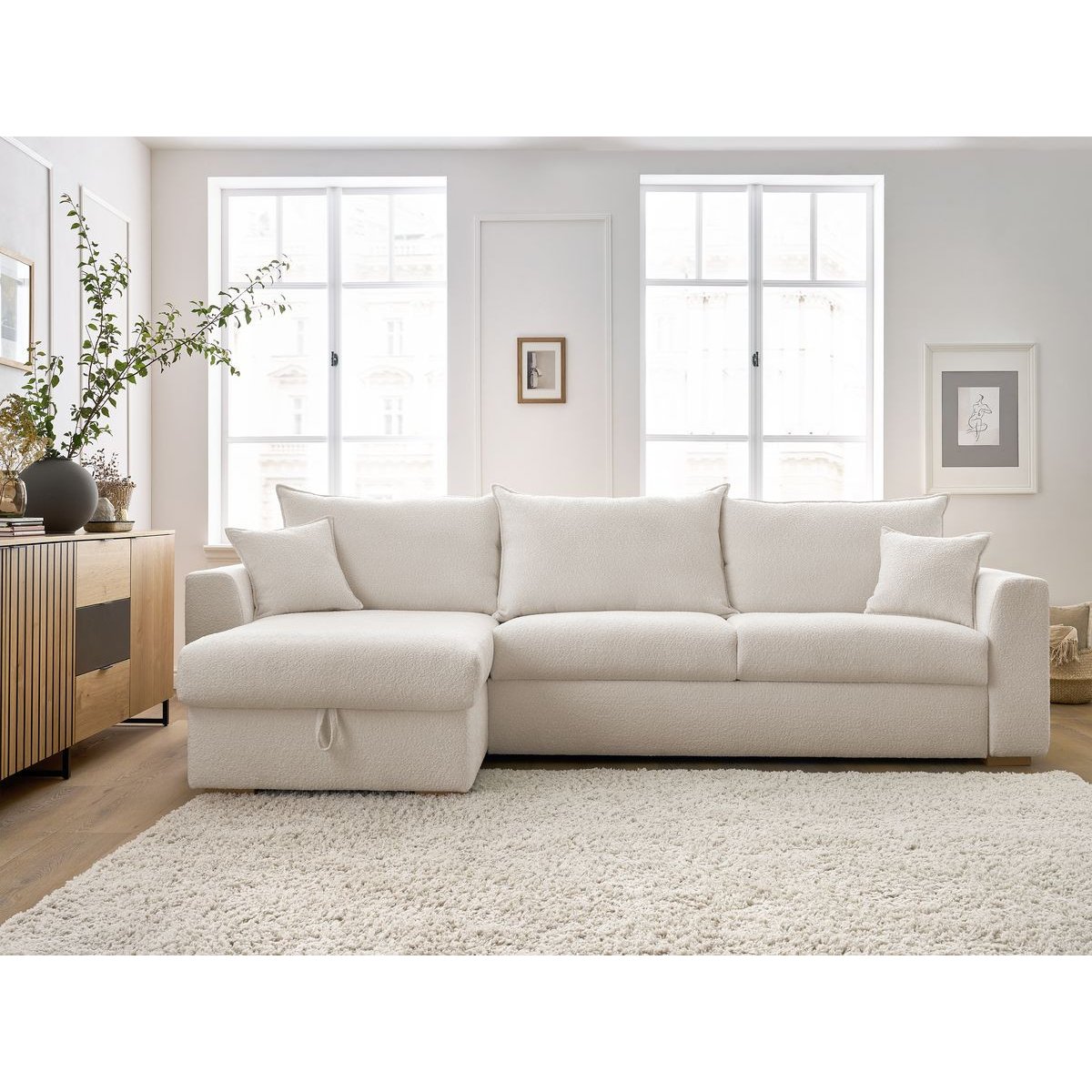 Canapé lit 3 places en tissu bouclette couchage 160x200 cm, AUGUSTIN blanc, BOBOCHIC
