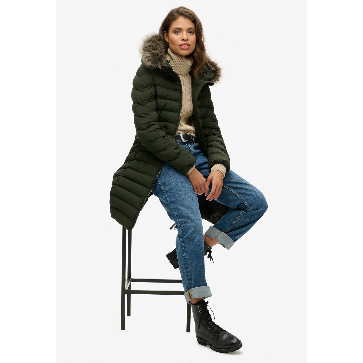 Doudoune mi-longue à capuche Fuji  vert foncé, SUPERDRY