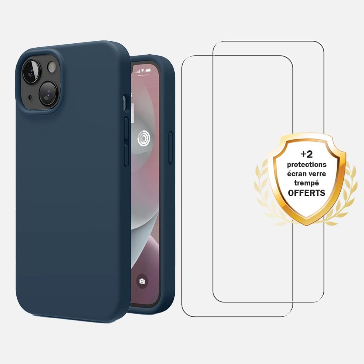 Coque iPhone 14 antichoc + 2 vitres bleu, EVETANE