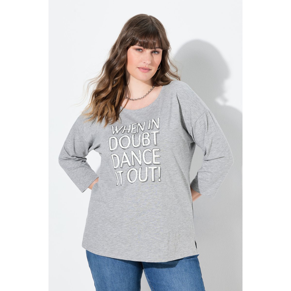 T-shirt oversize à col rond et manches 3/4 gris chiné, ULLA POPKEN