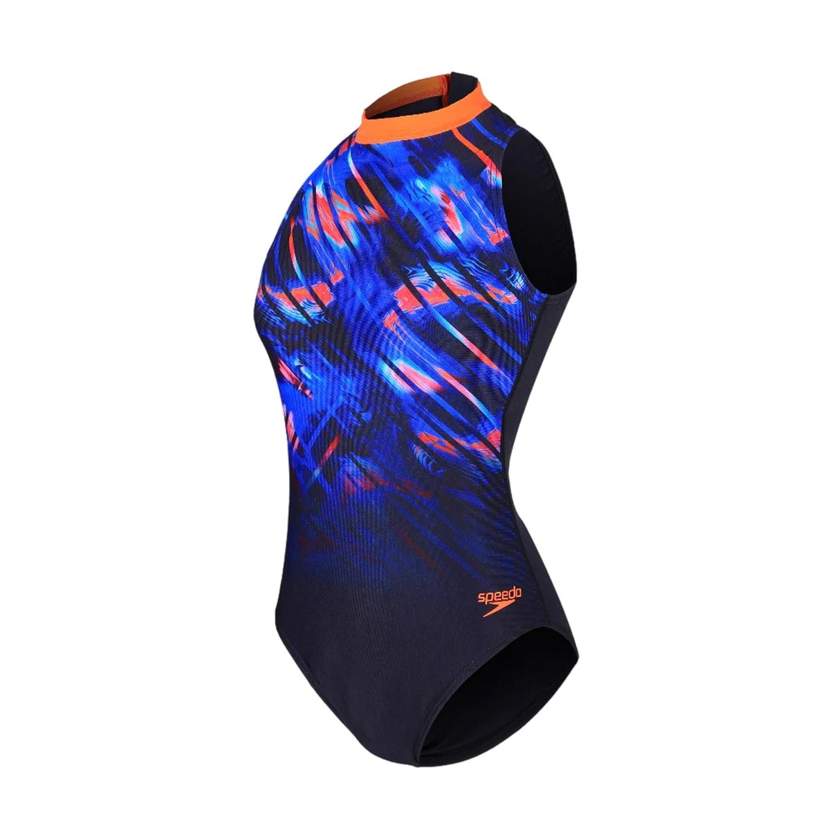Maillot de bain 1 pièce à col montant motif/style abstrait bleu marine / rose, SPEEDO