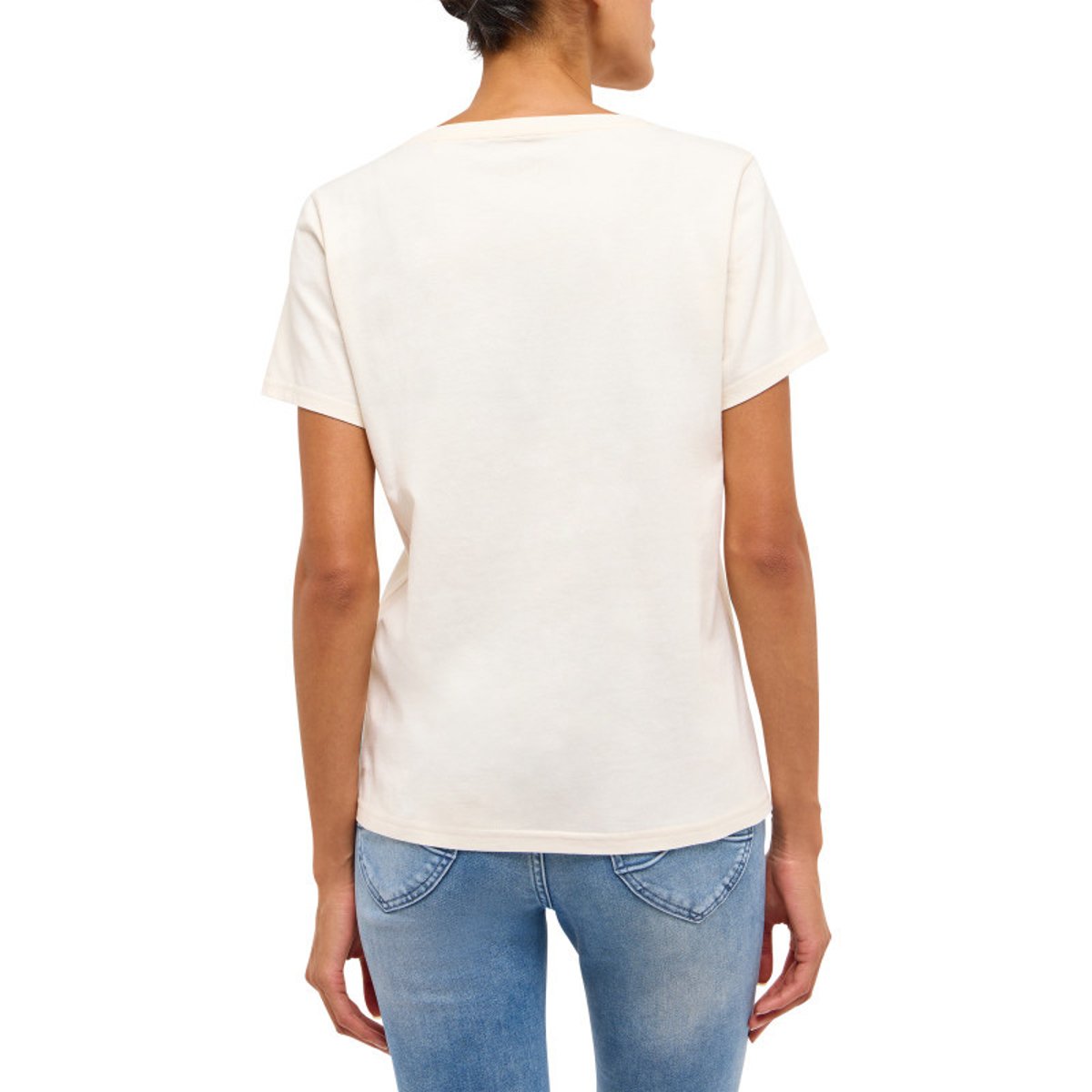 T-shirt en coton écru uni pourvu d'une coupe droite et d'un col rond beige, MUSTANG