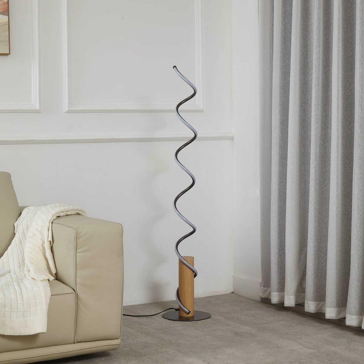 Lampadaire en aluminium traditionnelLED gris, bois clair, LINDBY