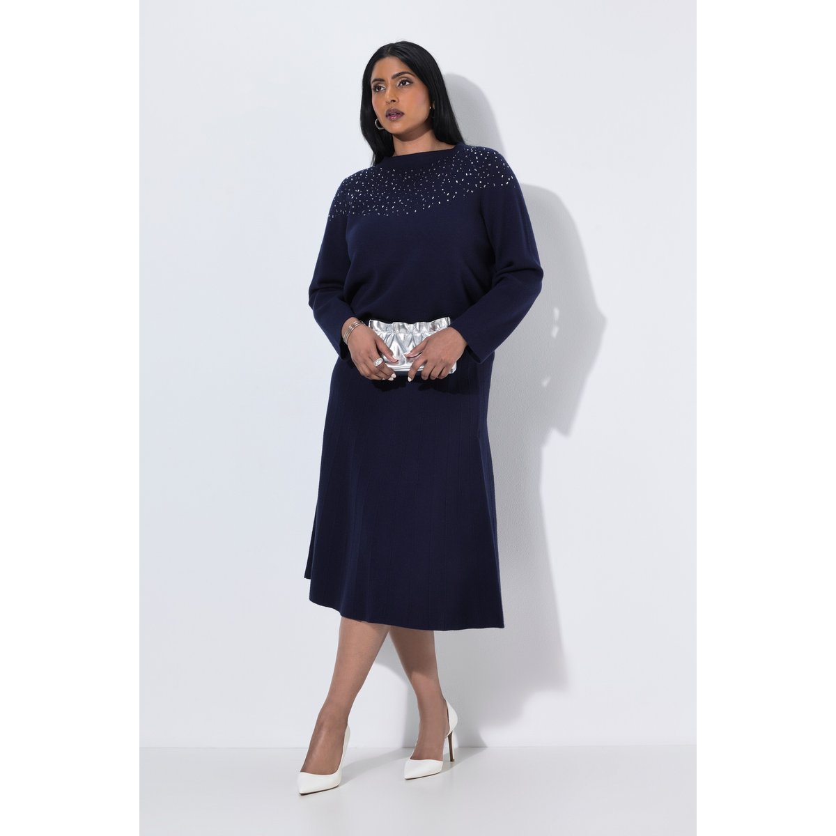 Jupe midi en maille Milano marine foncé, ULLA POPKEN