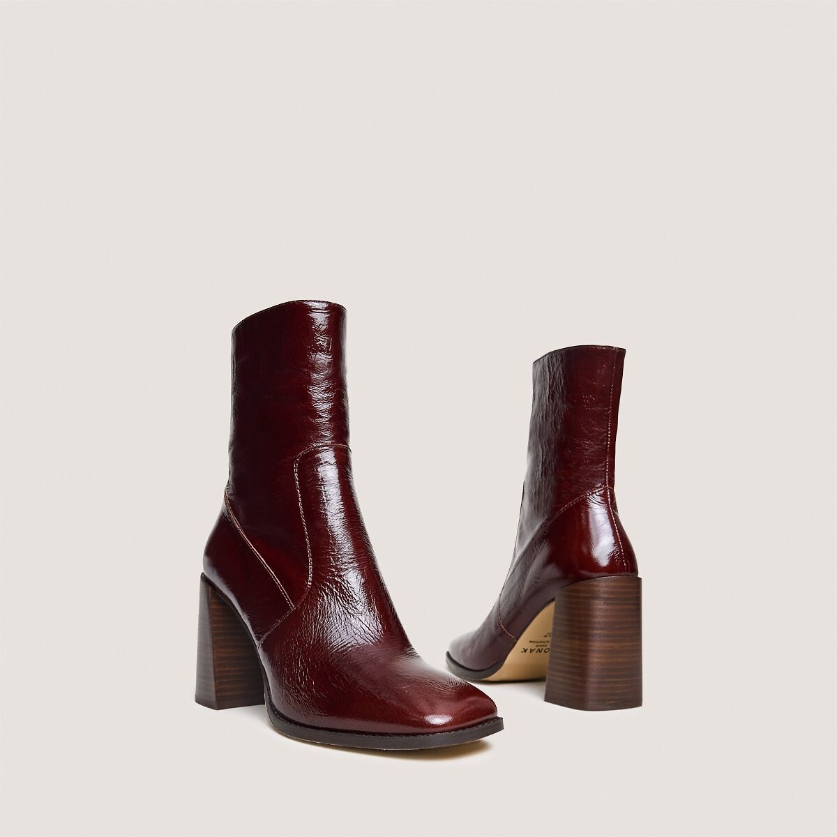 Vidal square toe glossy leather ankle boots chocolate, JONAK