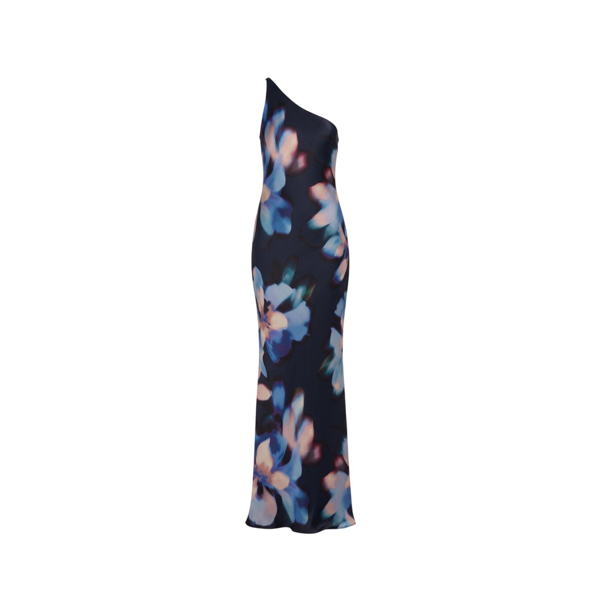 Robe longue coupée en biais avec encolure asymétrique et imprimé floral aquarelle bleu, THE-ARE